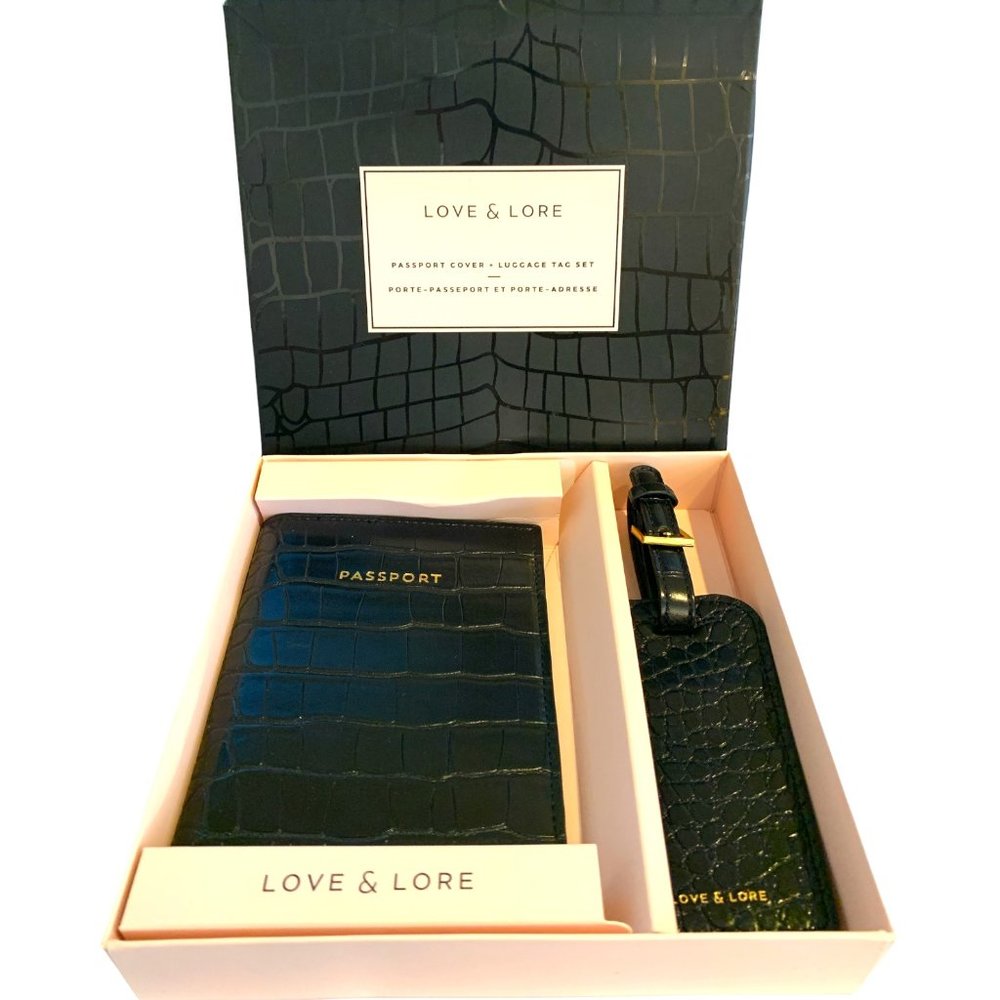 LOVE & LORE Black Vegan Leather Passport Cover Luggage Tag Boxed Set